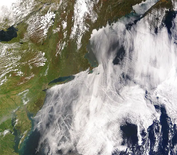 satellite image of ship smoke stack cloud